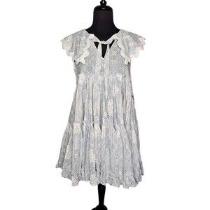 MABLE Baby Doll Mini Dress Tiered Skirt Blue White Paisley S/M Coquette Dainty